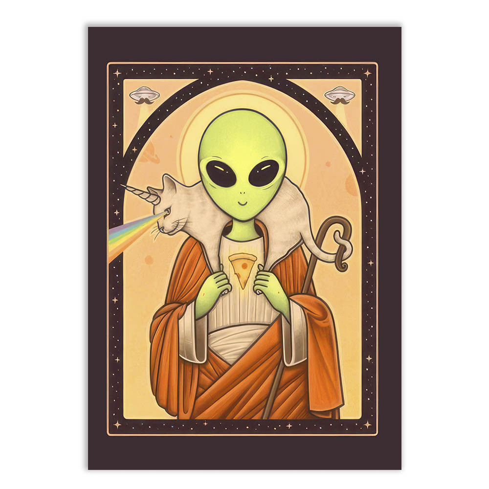Placa Quadro Decorativo Engraçada Alien E Gato Unicórnio Tumblr