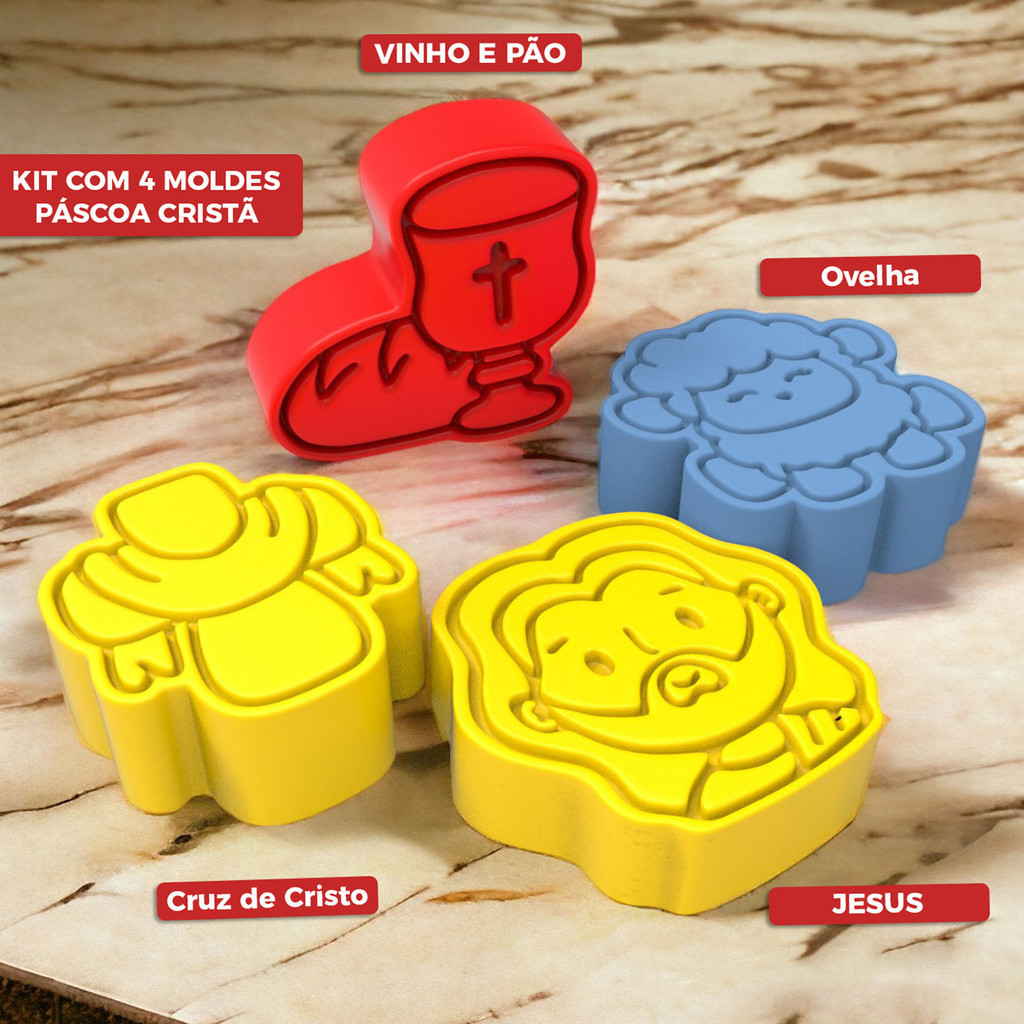 Kit 4 Moldes de Silicone Páscoa Pão e Vinho Ovelha Cruz Jesus Artesanato Decoração Resina Gesso