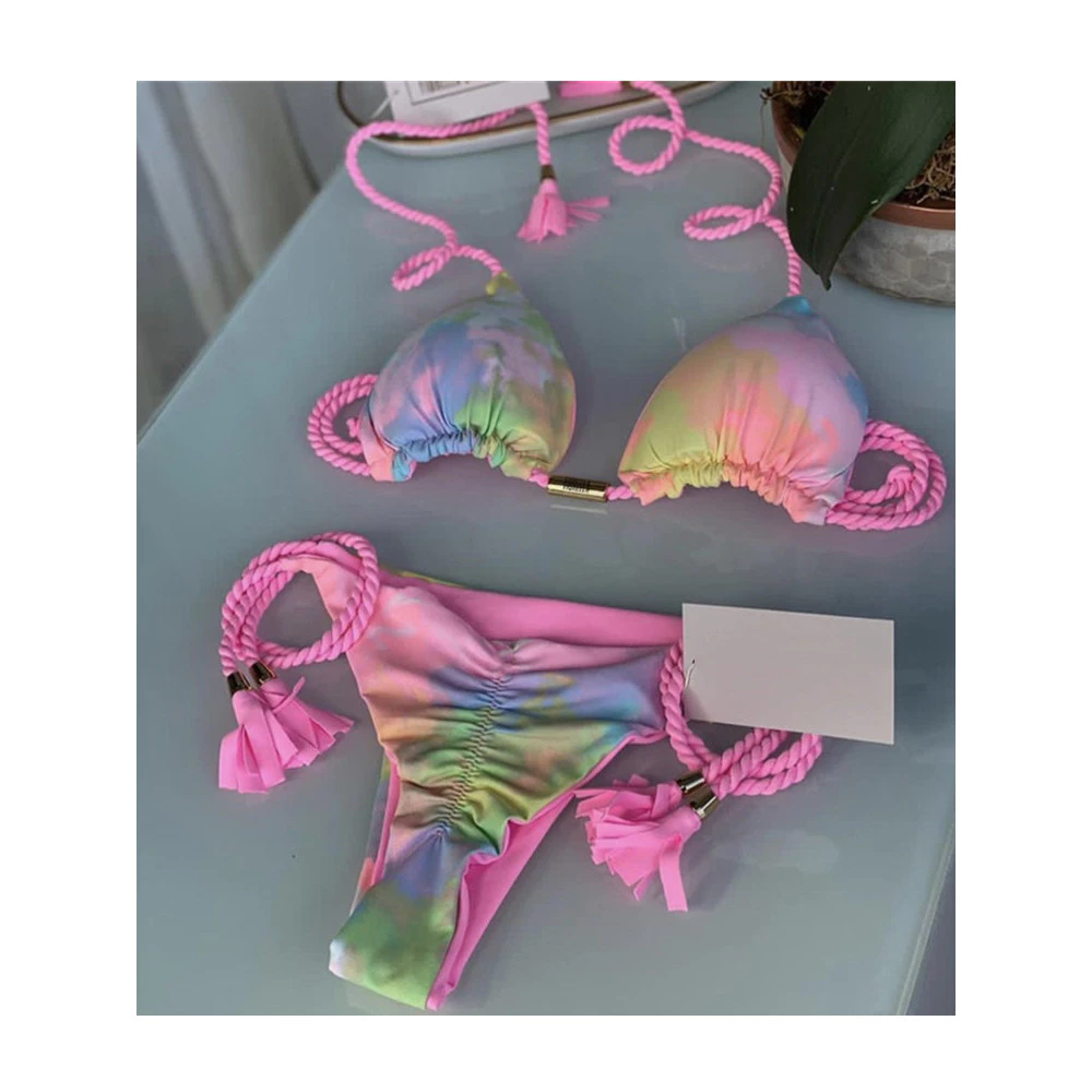 Biquini Feminino Saco macio de cintura baixa com malha trançada Leopardo de corda Impressão Ladies Split Fato de banho Multicolor — imagem 1