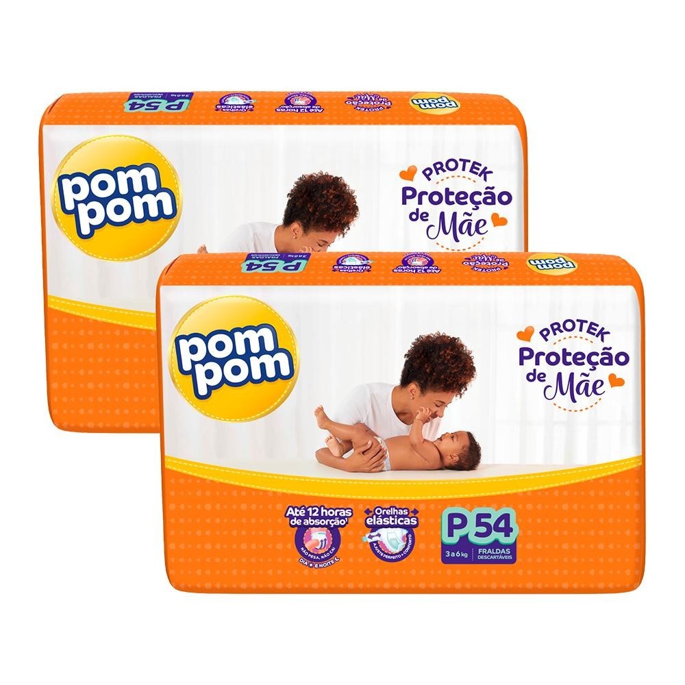 Kit 2 Fraldas Pom Pom Derma Protek Mega P com 54un cada em Oferta na Shopee