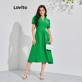 Lovito Vestido Casual Liso Com Botão Frontal E Mangas Bufantes Para Mulheres LBL08140