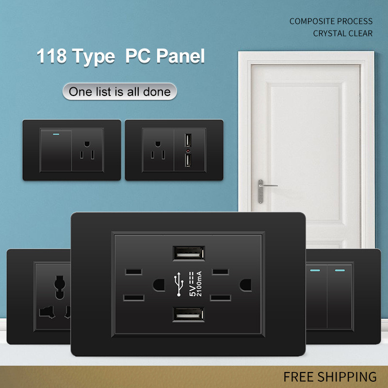 118 tipo interruptor de parede tomada preto painel PC doméstico 110V padrão americano tailandês Universal tomada usb