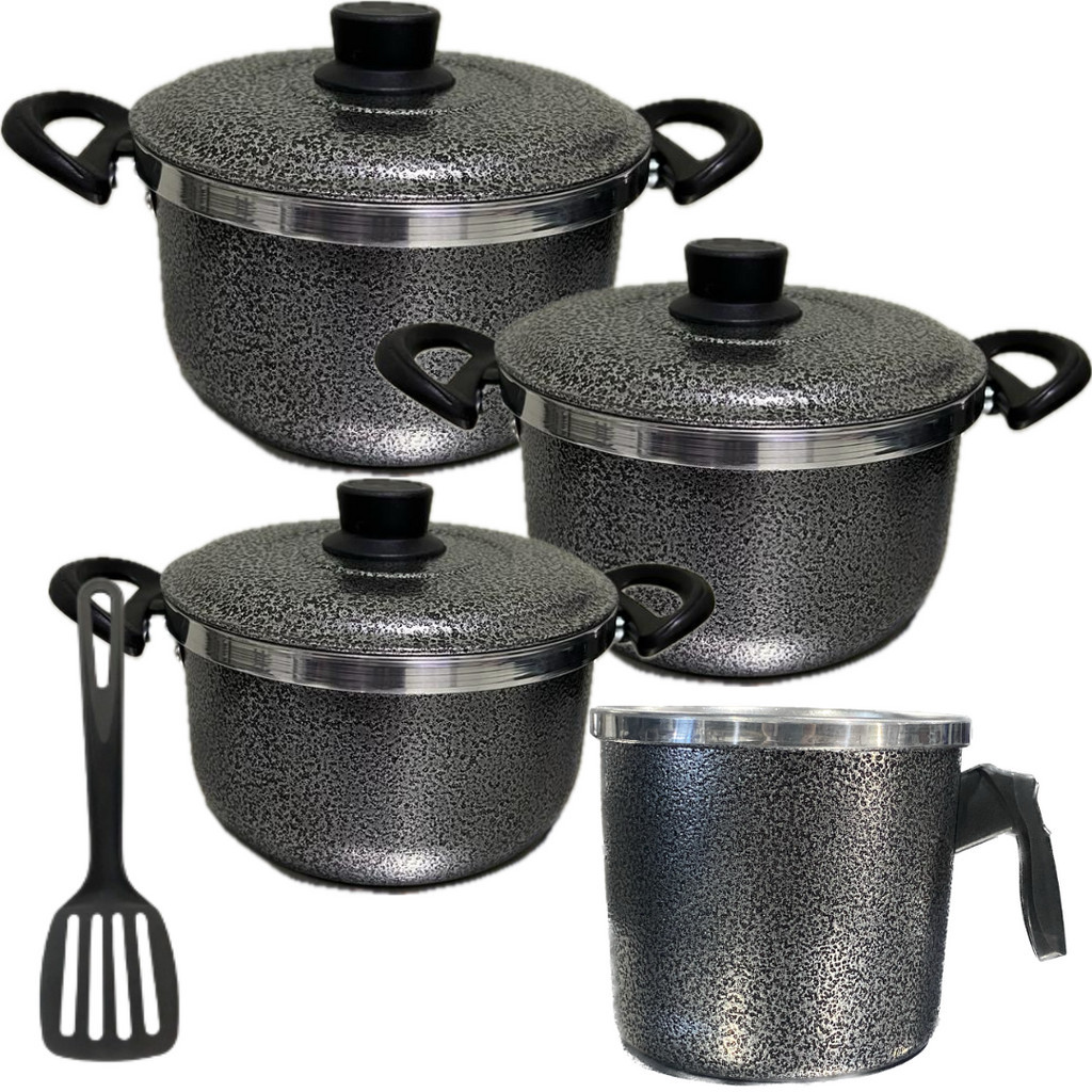 Jogo de Panelas Alumínio Grosso Polido e CRAQUEADO 5 Peças Com Canecão 1 Espátula