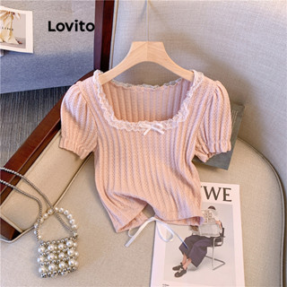 Lovito Linda Camiseta Feminina Com Laço Liso E Renda LNE43341