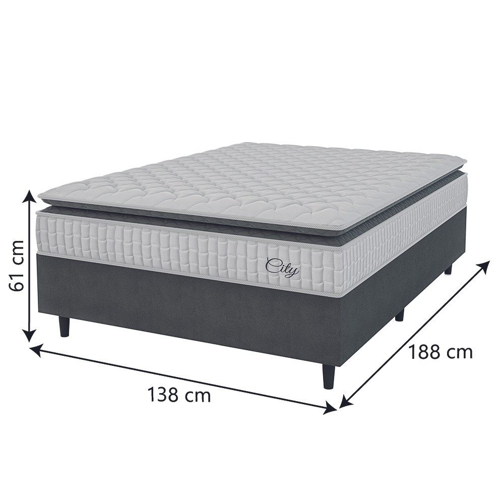 Detalhes do Cama Box Colchão Casal Molas Ensacadas City Pillow Top 138x188x61cm Branco / Cinza Hellen - Suporta até 110kg por Pessoa