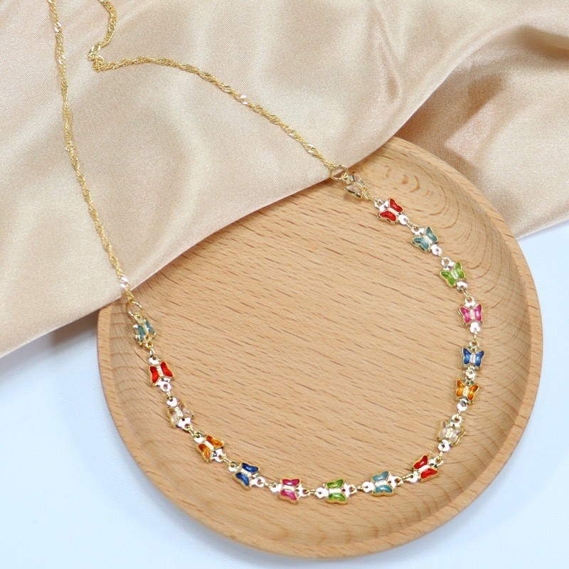 Colar Choker Borboleta Colorida Folheado Banhado A Ouro 18K A prata 925