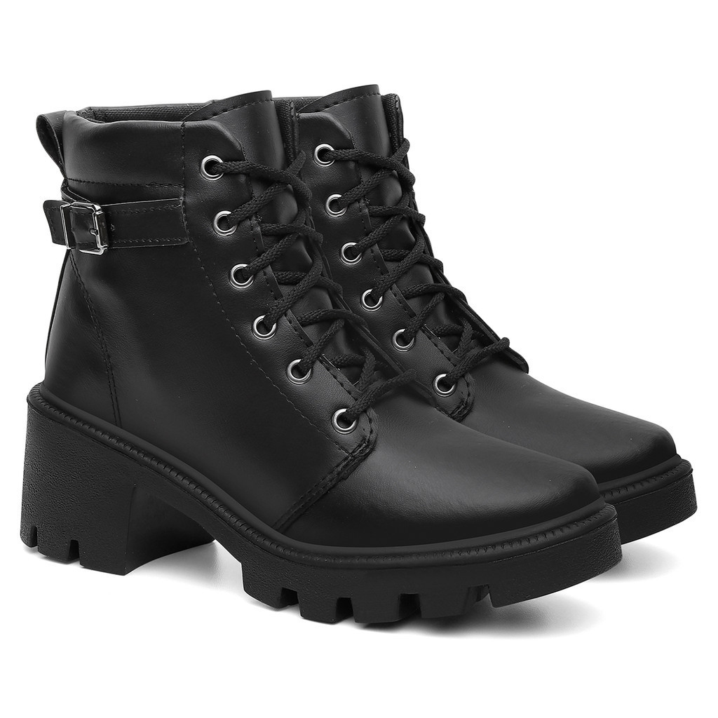 Bota Coturno Feminino Salto Médio Ankle Boot Fivela Lareral Preto