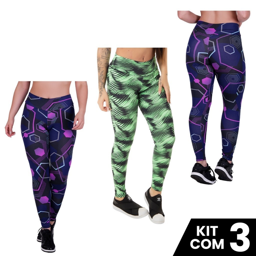 Kit 3 Calças Legging Suplex Estampada Fitness Academia Ginástica Sem Transparência