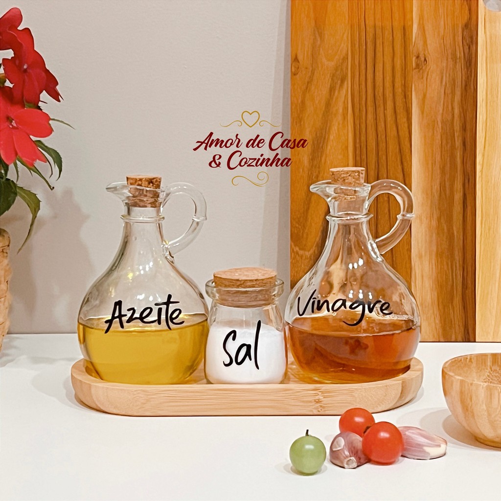 KIT GALHETEIRO AZEITE VINAGRE SAL E BANDEJA DE BAMBU 300 ML PERSONALIZADO em Oferta na Shopee