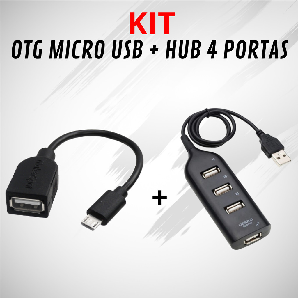 Kit Hub 4 Portas Extensor Usb + Cabo Otg Adaptador Micro Usb V8 Para Celular Mobilador Veloz