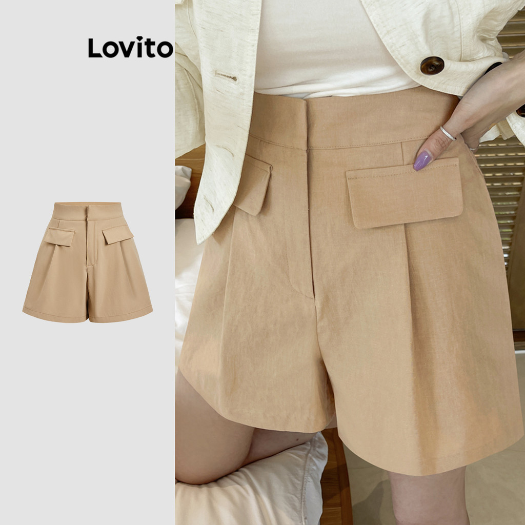 Lovito Shorts elegantes com zíper e bolso falso simples para mulheres L120ED1354 - Women Clothes