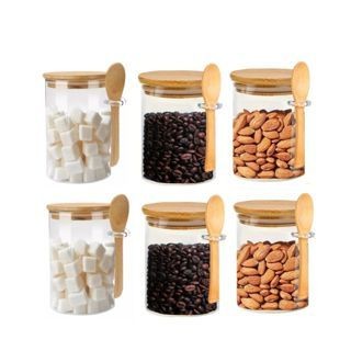 Kit 6 Potes De Vidro Redondo Tampa Bambu Hermético Colher 200ml pote hermetico vidro colher bambu