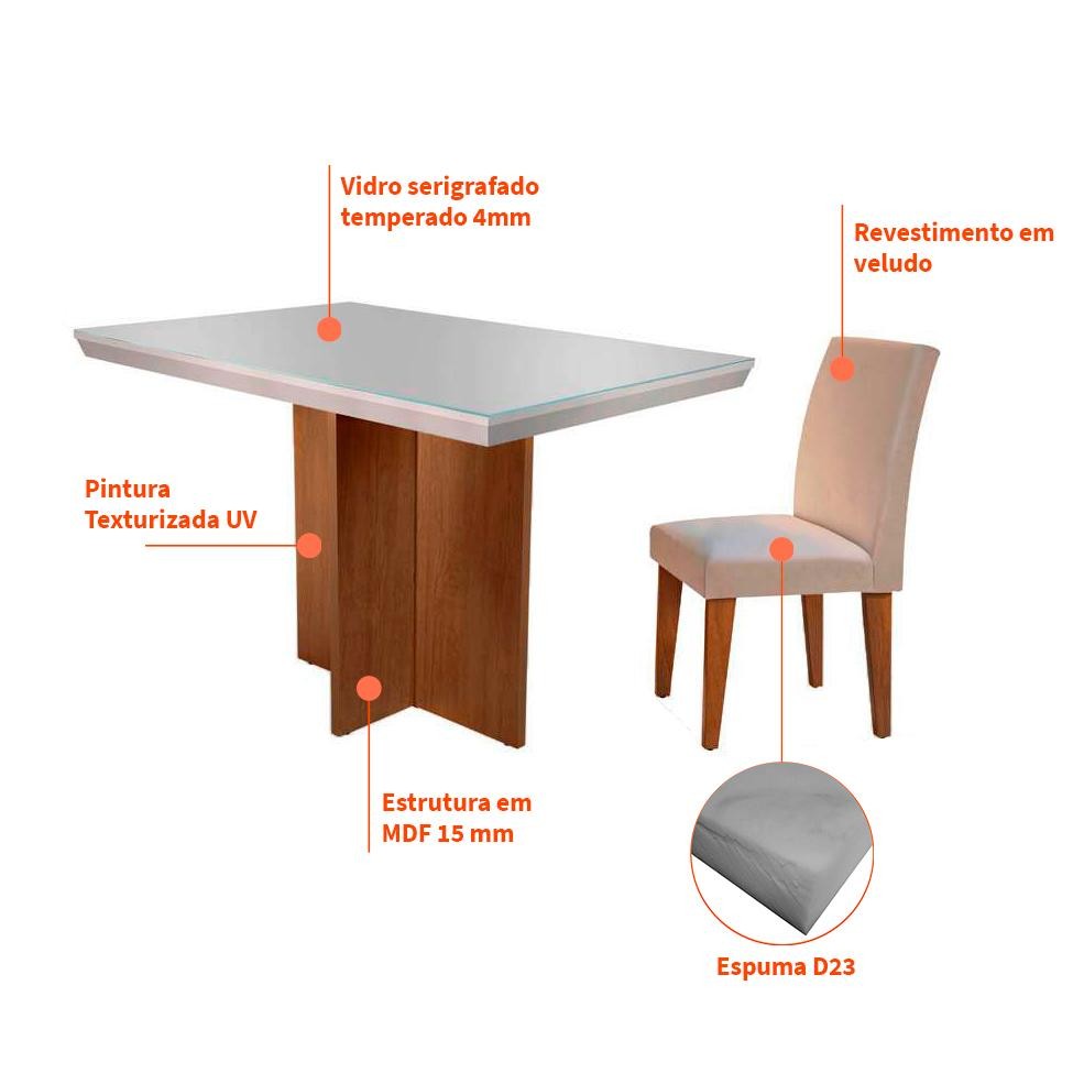 Conjunto de Mesa de Jantar Berlim II com Tampo de Vidro Off White e 4 Cadeiras Grécia Veludo Creme - Home & Living