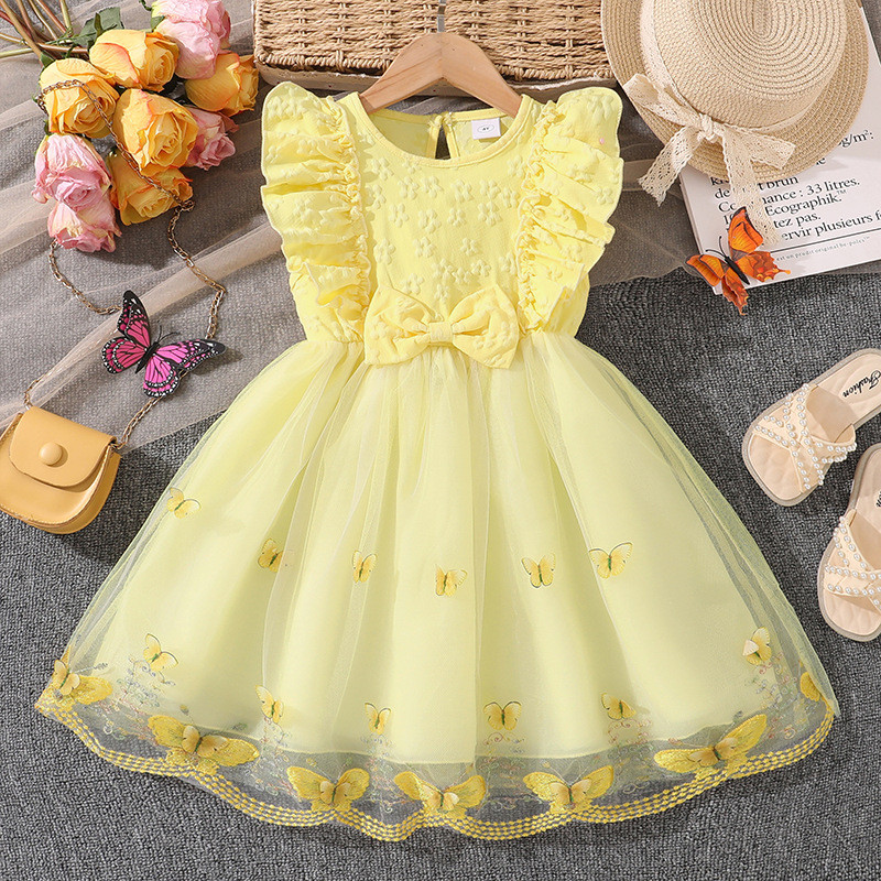 Crianças Menina Bonito Vestido De Princesa Amarelo Sem Mangas Arco Flor Remendo Bordado Malha Casual Festa Moda Roupas