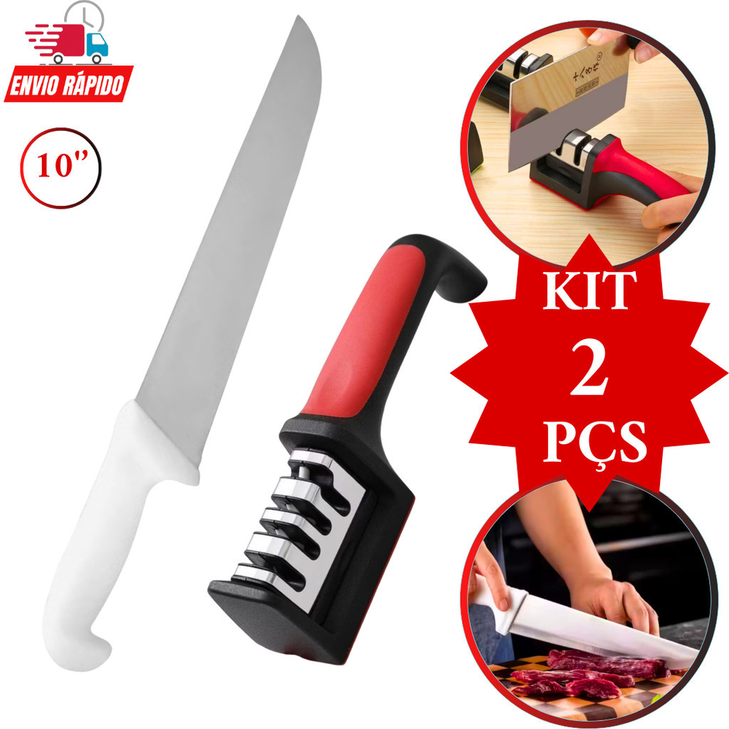 Faca Profissional 10" 39 cm e Afiador Amolador de Faca e Tesoura Churrasco Açougue Açougueiro Promoção