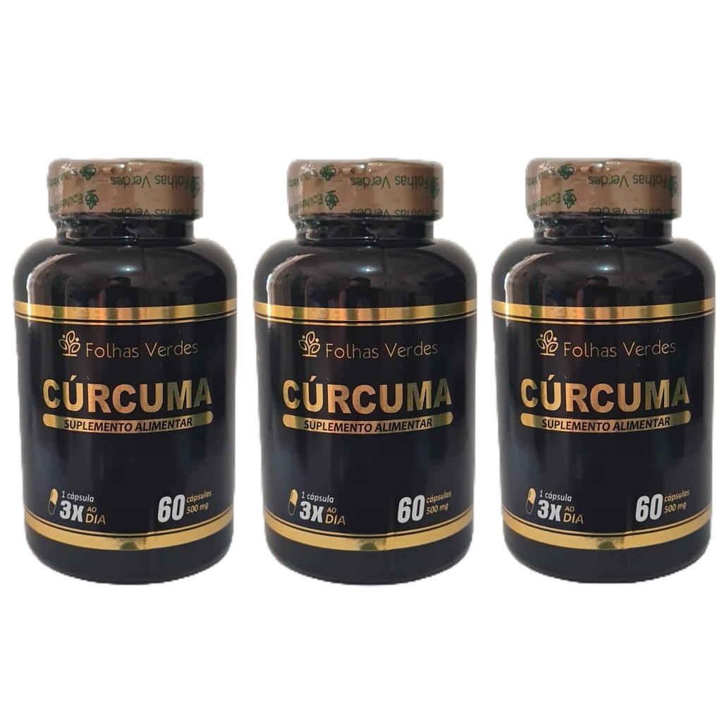 Kit 03 POTES Cúrcuma 500mg PREMIUM 60 Cápsulas - Folhas Verdes