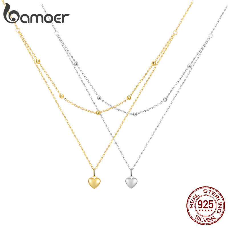 BAMOER 925 Colar Pingente Coração De Prata Sterling Para Mulheres Gargantilha De Ouro Dupla Camada Feminina Jóias Finas em Oferta na Shopee