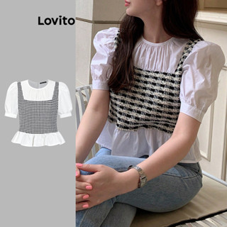 Lovito Casual Blusa Feminina Pied de Poule com Costura no Tecido e Bainha de Babados L70AD015 (Preto e Branco)