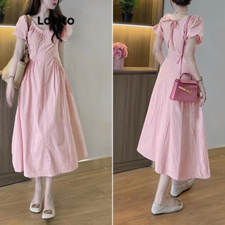 Lovito Casual Vestido Feminino Liso Plissado com Bolso e Laço Traseiro L70AD103 (Rosa)