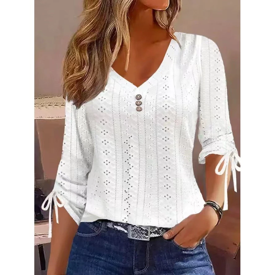 Blusas Elegantes De Moda Feminina Camisas Ocas Vestuário Feminino 2024 Outono Inverno Novo Escritório Senhoras Brancas De Manga Longa Com Pescoço Em V — imagem 1