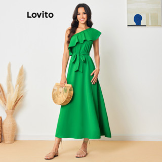 Lovito Vestido Boho Liso Assimétrico De Camada Dupla Com Cinto Para Mulheres LBL08118