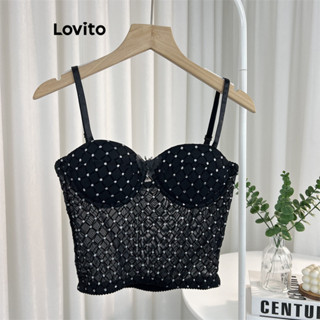 Lovito Sexy Blusa Feminina Geométrica de Malha de Contraste com Renda e Strass LBL08272