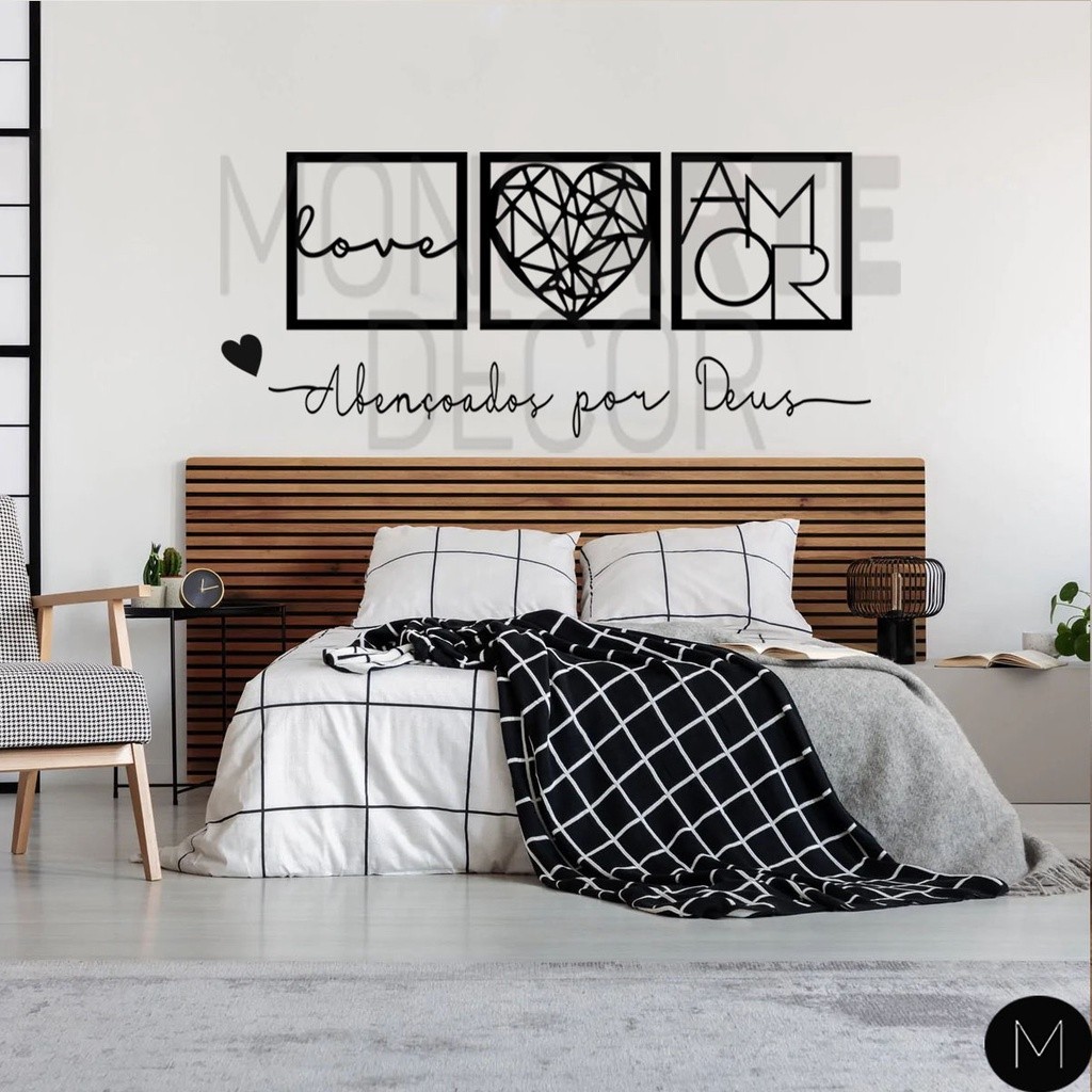 Kit 3 Quadros Love Coração Geométrico Amor + Frase de Parede Abençoados por Deus Religioso + mini aplique coração MDF