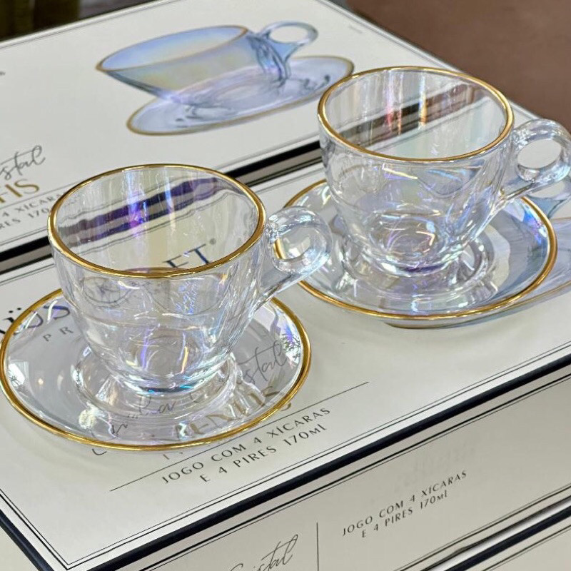 Jogo De Xicara De Luxo Vidro Com Borda Dourada + Pires Linha Hauskraft Premium 85ml Ou 170ml