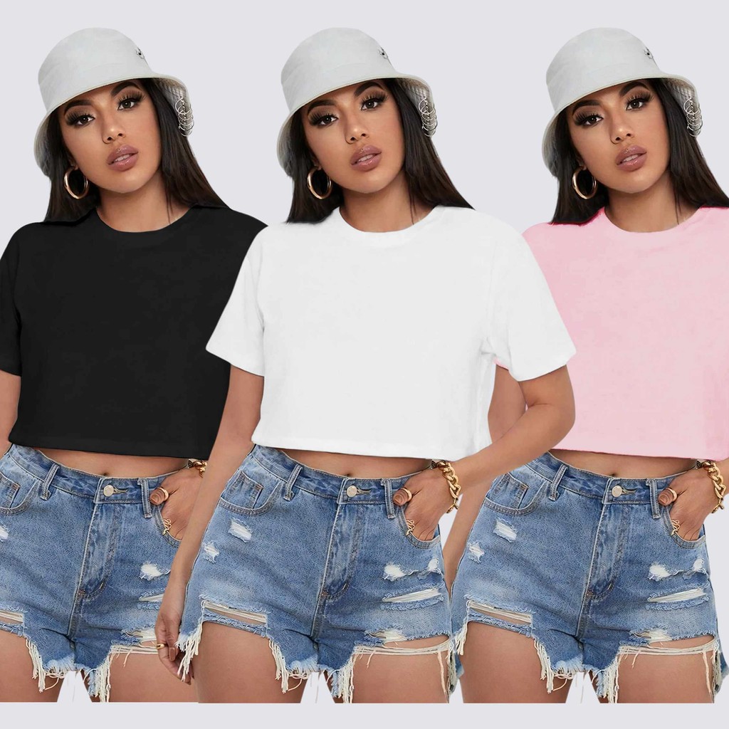 Kit Blusa Cropped Liso Sem Estampa Tendência Academia Verão Moda Fitness Crop Envio Rápido