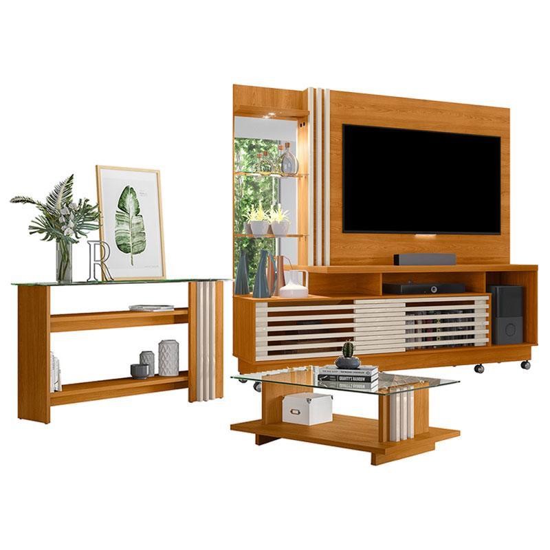Estante Home Theater com Rodízios e Aparador com Mesa de Centro Frizz Plus Cinamomo Off White – Madetec