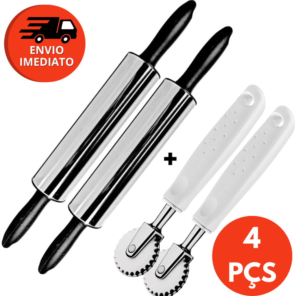 KIT 02 Rolo Abrir Massa Inox E 02 Carretilha Cortador Massa Corta E Fecha Pastel Cozinha Confeitaria