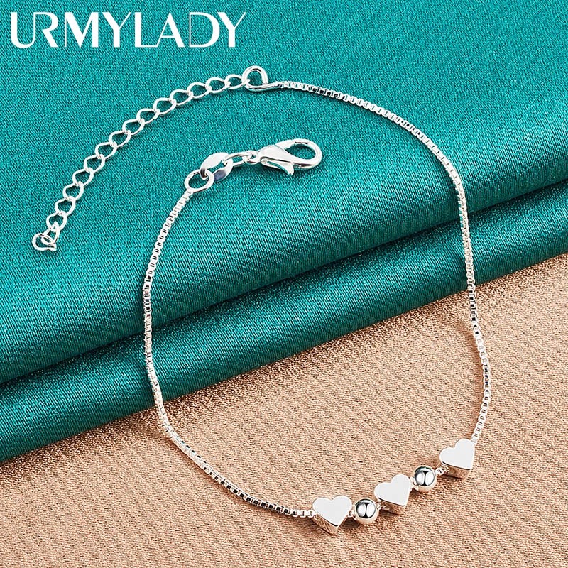 Pulseira de Prata 925 com Pingente de Coração, Feminina, Presente para Noivado