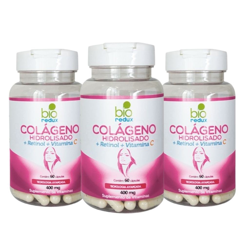 Kit 3 Bio Redux - Colágeno Hidrolisado (+ Retinol + Vitamina C) 60 Cápsulas - Saúde da pele!