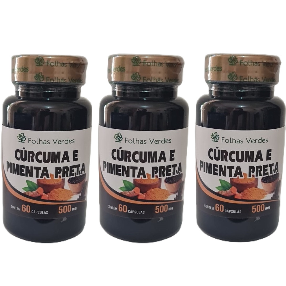 Kit 03 POTES Cúrcuma e Pimenta Negra 500mg PREMIUM 60 Cápsulas - Folhas Verdes