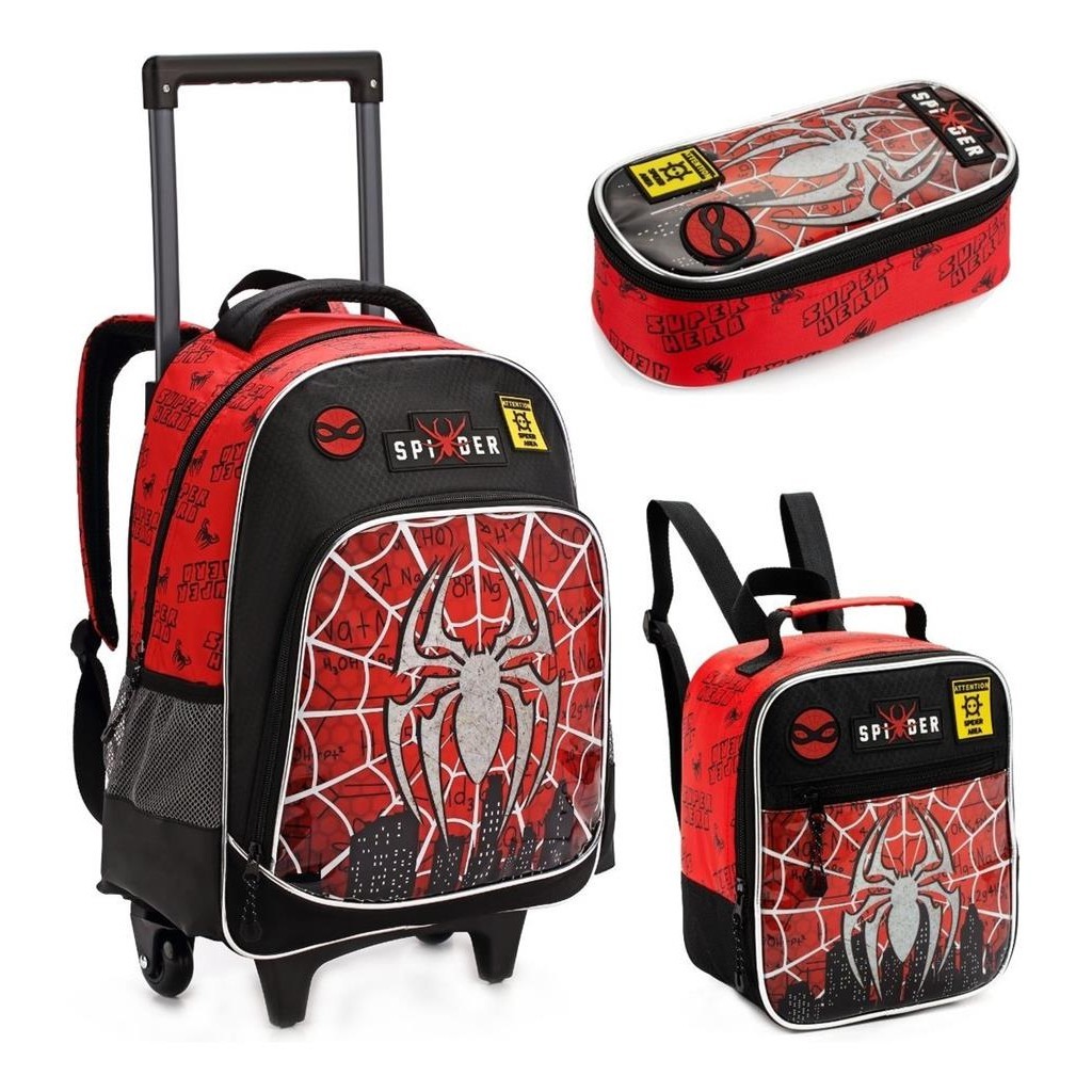 Kit Mochila Infantil Rodinhas Escolar Lancheira Estojo Menino Homem Aranha Multiverso Spider Dark Aranha Denlex