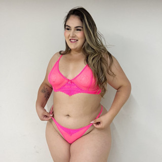 Lingerie de Tule Transparente Plus Size Tamanho 48/50/52/54 Cores Neon Com aro Sem bojo Conjunto Calcinha Fio Dental com Regulagem Sexy e Sutiã Pluz