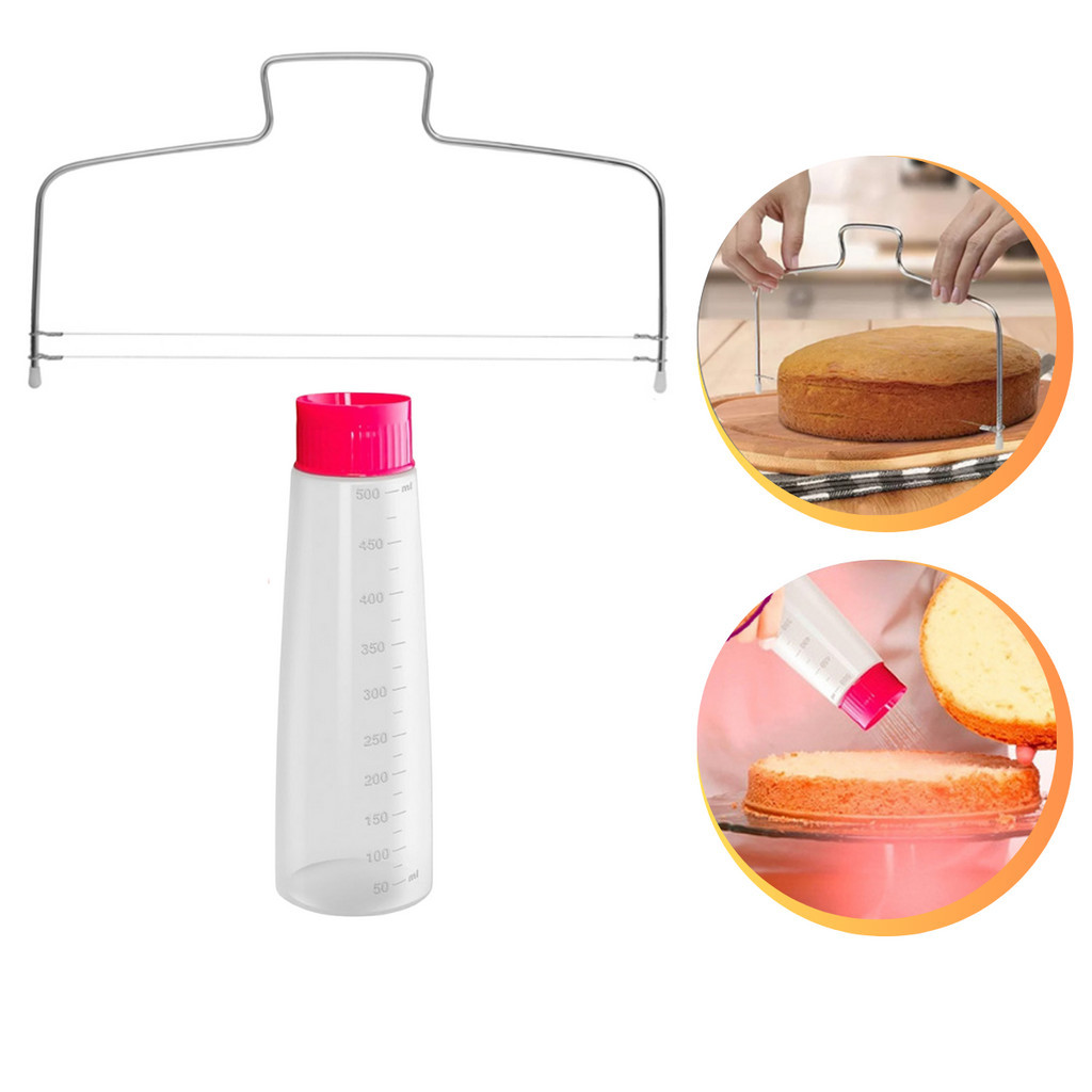 Kit Cortador Fatiador Nivelador De Bolos Com Fio Duplo Ajustável + Bisnaga Para Umedecer Massa Bolo