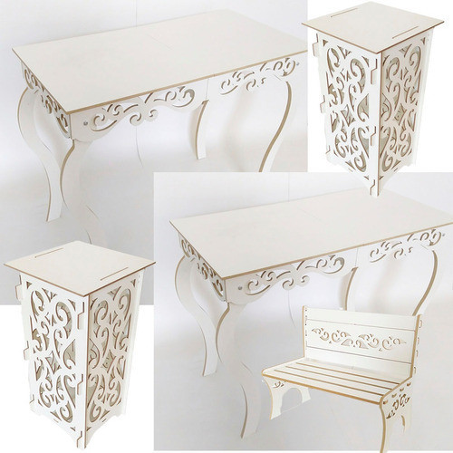 Kit Mdf Branco 2 Mesa Luis Xv Mãe E Filha 2 Cubos 1 Banco