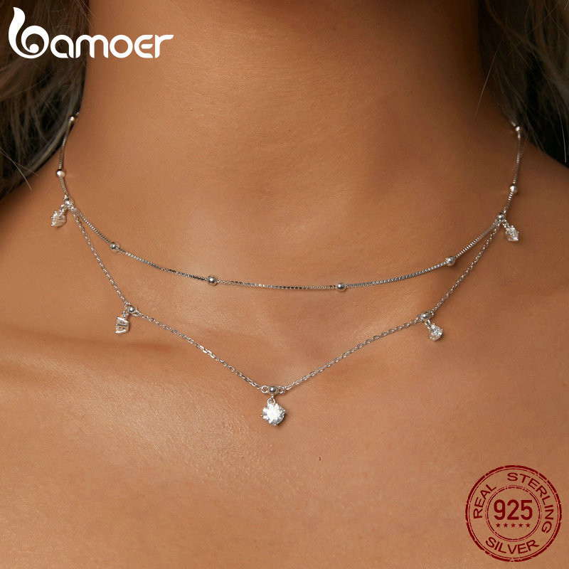 Bamoer 925 Sterling Sliver Colar Dupla Camada Borla Moissanite Joias Presentes Para Mulheres em Oferta na Shopee