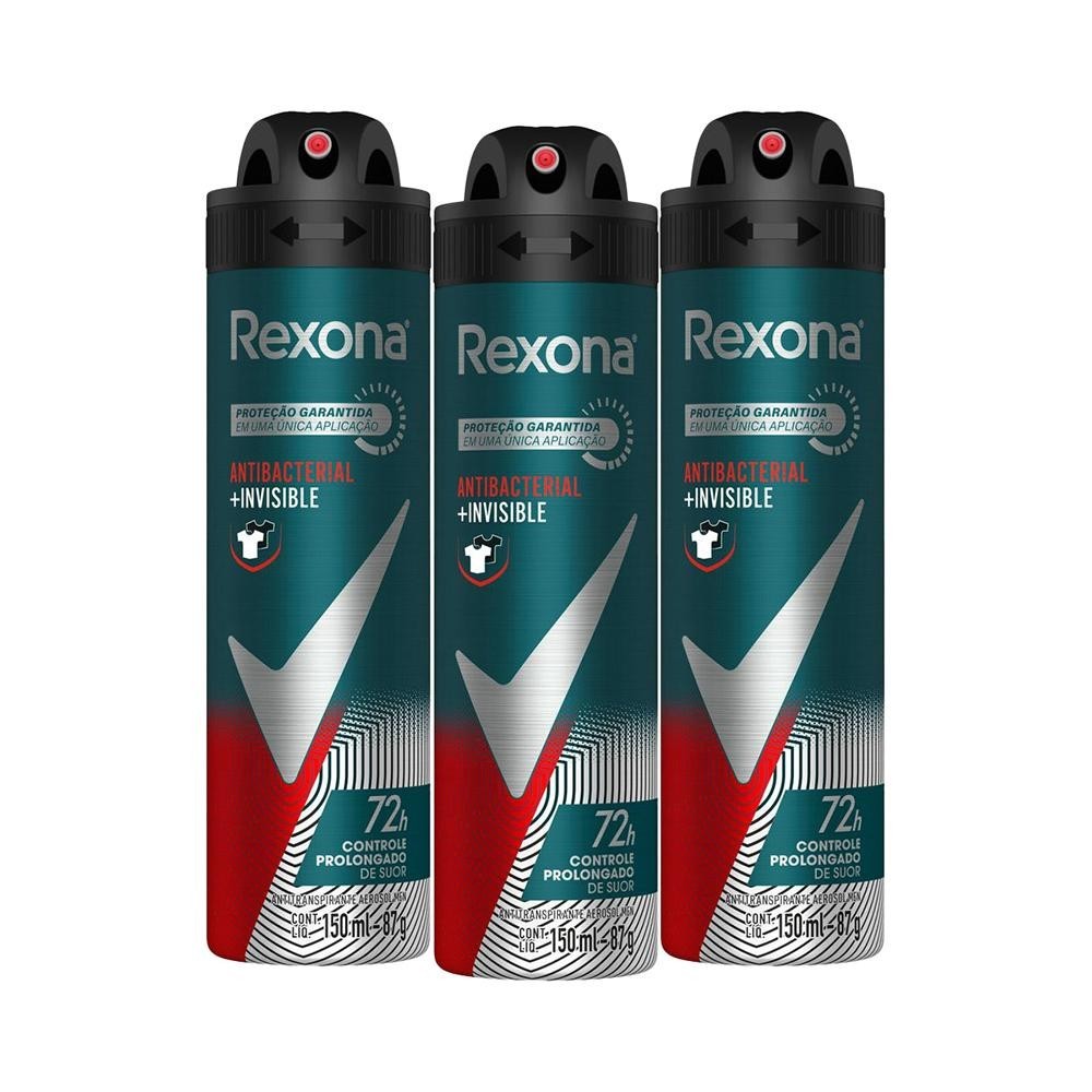 Kit com 3 Desodorantes Antitranspirantes Aerosol Masculino Rexona Antibacterial + Invisible 150ml cada - Beauty