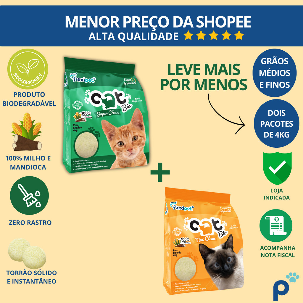 Areia Higiênica Biodegradável Catbio 8 Kg (2 pacotes 1 de cada modelo) - Super Clean e Max...