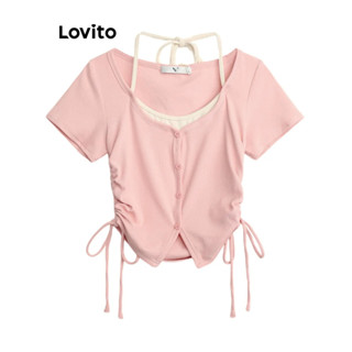 Lovito Camiseta Casual Simples Falsa 2 Em 1 Com Costura De Tecido Com Cordão Para Mulheres LNE43506
