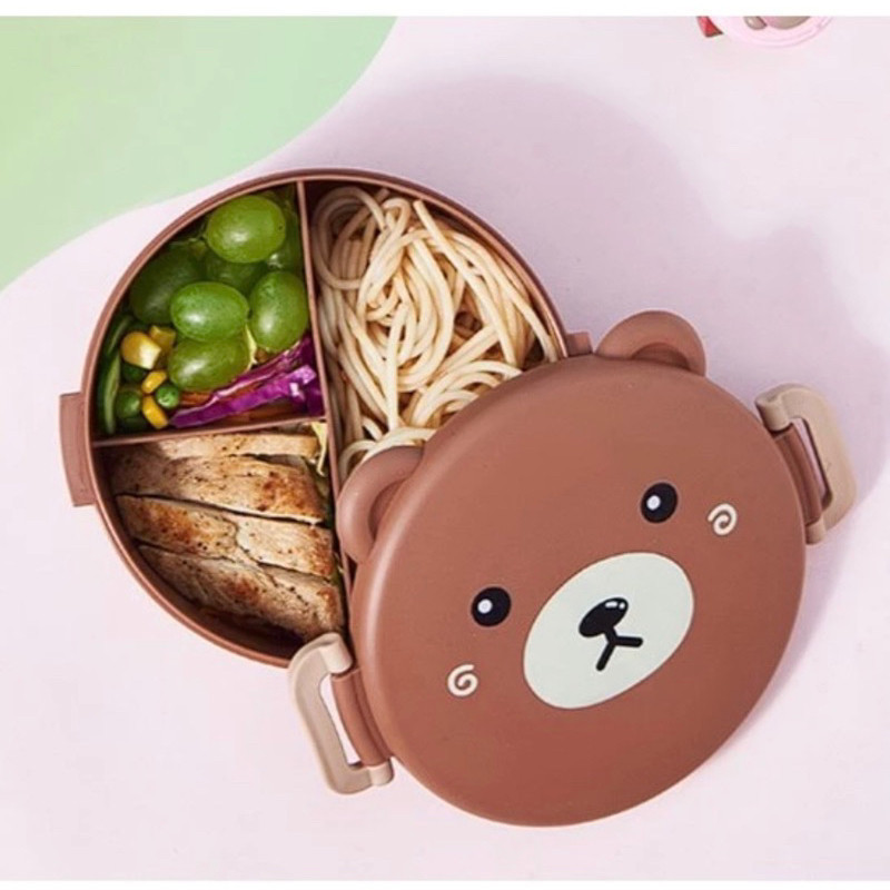 Marmita Lancheira Escolar Ursinho com Colher e Garfo, 3 Divisórias Lanche Almoço Bento kawaii