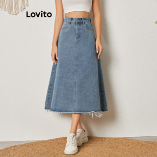 Lovito Casual Saia Jeans Feminina Lisa Lavada com Bainha Desfiada e Bigode LBL08350