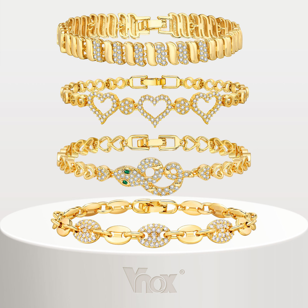 Vnox pulseira de palma White Cubic Zirconia Pulseira De Corrente De Clipes De Papel Cubano Para Mulheres 18k Gold Shiny Heart Infinity Bead Wedding Bracelet em Oferta na Shopee