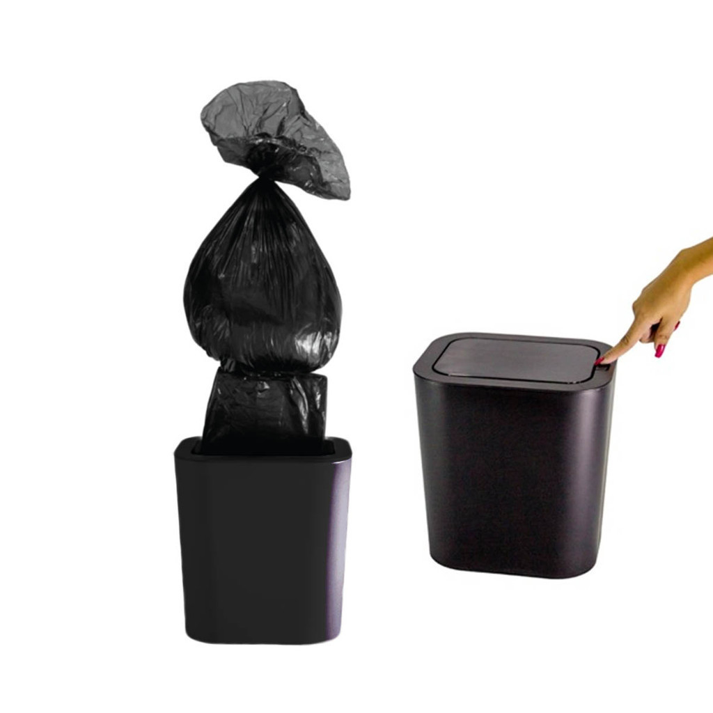 Lixeira Preta 12L Push Com Dispenser Para Refil de Saco Com Tampa Click Para Banheiro Cozinha Escritório