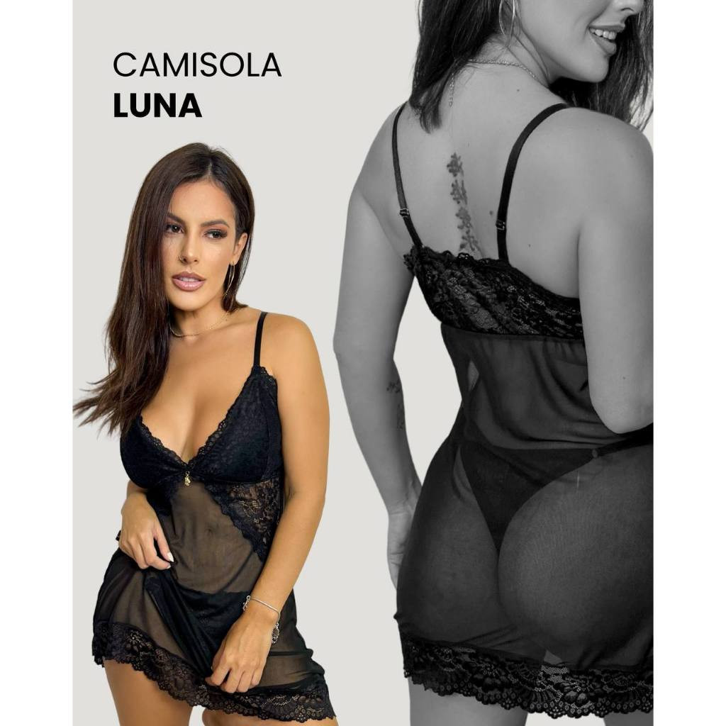 Camisola: Busto forrado, tule e renda, calcinha semi fio, alças ajustáveis