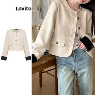 Lovito Casual Jaqueta Feminina Lisa Colorblock com Botão L73AD103