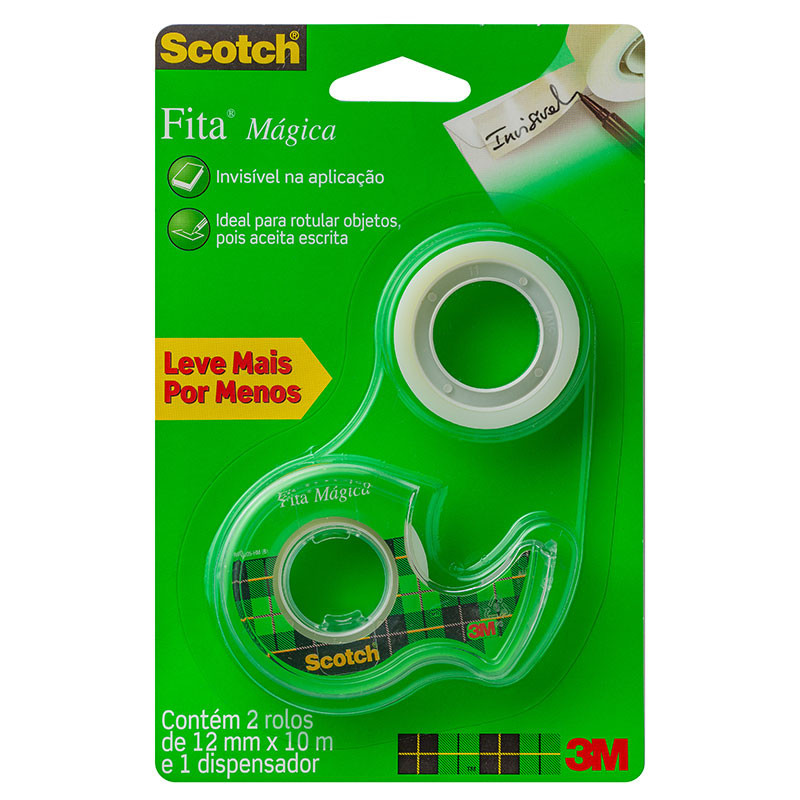 Fita mágica Scotch 12mmx10m com 2 rolos e 1 suporte 810 3M