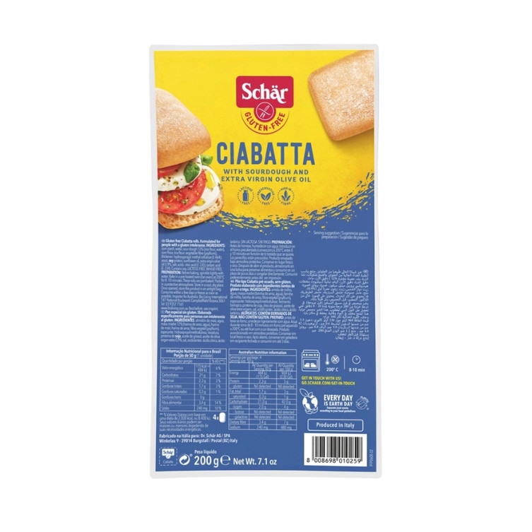 Pão Ciabatta Sem Glúten e Sem Lactose Vegano Schar 200g